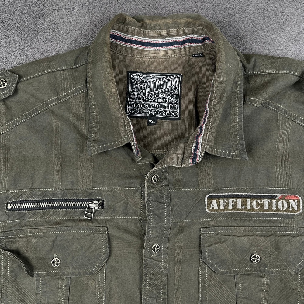 Affliction Black Premium Shirt Mens 2XL Olive Green Military Button Up 110WV496